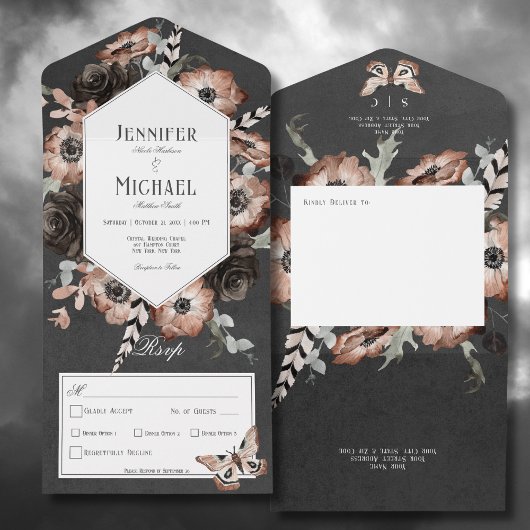 Invitation Tout En Un Gothique Boho Moth Black & Brown Floral Dîner