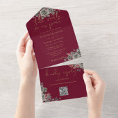 Invitation Tout En Un Gothique Bourgogne Et Rose Or QR Code Mariage (Déchirure)