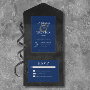 Invitation Tout En Un Gothique foncé Noir & Bleu Floral Satin Pas de dîn