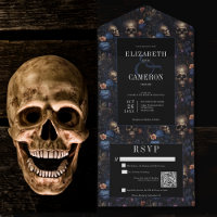 Gothique foncé Vintage bleu floral et crânes QR Co