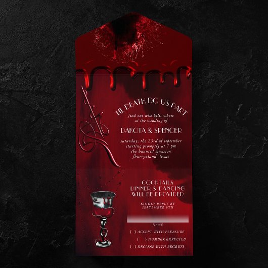 Invitation Tout En Un Gothique Luxe | Mariage de mystère noir et rouge