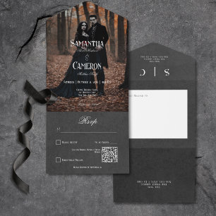 Invitation Tout En Un Gothique Moody Black Elegant Photo QR Code