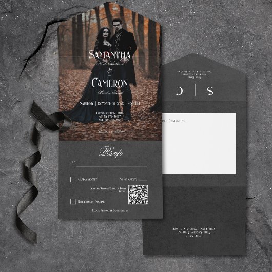 Invitation Tout En Un Gothique Moody Black Elegant Photo QR Code