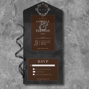 Invitation Tout En Un Gothique Noir foncé et Brown Satin floral Sans dîn