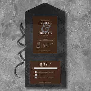 Invitation Tout En Un Gothique Noir foncé et Brown Satin floral Sans dîn