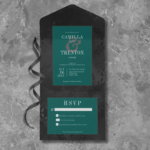 Invitation Tout En Un Gothique Noir foncé et Turquoise Satin floral Sans