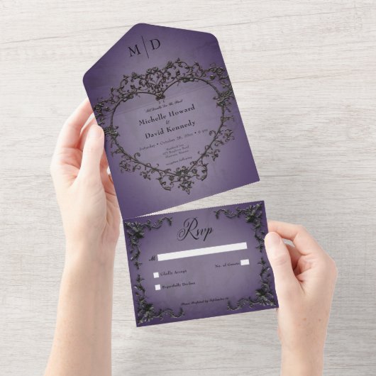Invitation Tout En Un Gothique Noir & Purple Filigree Coeur Pas de Dîner (Déchirure)