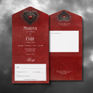 Invitation Tout En Un Gothique Noir & Rouge Filigrane Cœur Rouge Sans Dî