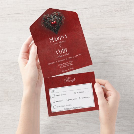 Invitation Tout En Un Gothique Noir & Rouge Filigree Coeur Dîner Rouge (Déchirure)