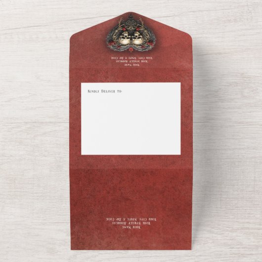 Invitation Tout En Un Gothique Noir & Rouge Skuls & Coeur Rouge QR Code (Dehors)