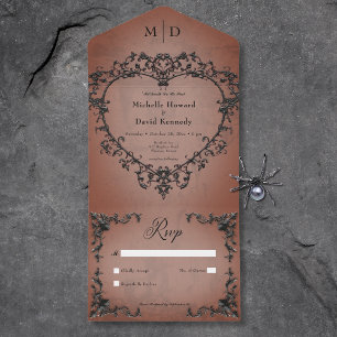Invitation Tout En Un Gothique Noir & Rust Filigree Coeur Pas de Dîner