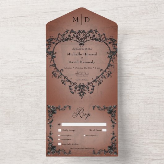 Invitation Tout En Un Gothique Noir & Rust Filigree Dîner Coeur (À l'intérieur)