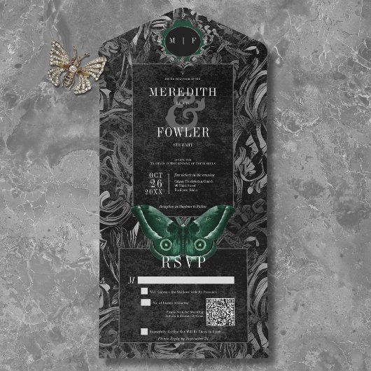 Invitation Tout En Un Gothique noir vert fibre Moth QR Code Mariage