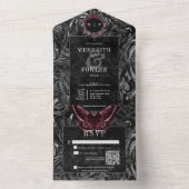 Invitation Tout En Un Gothique Noir Vin Filigree Moth QR Code Mariage (À l'intérieur)