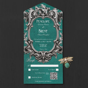 Invitation Tout En Un Gothique Turquoise Moody Victorian Frame QR Code