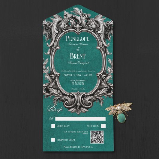 Invitation Tout En Un Gothique Turquoise Moody Victorian Frame QR Code