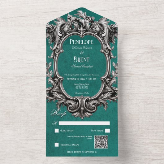 Invitation Tout En Un Gothique Turquoise Moody Victorian Frame QR Code (À l'intérieur)