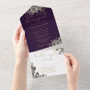 Invitation Tout En Un Gothique Violet Et Or Rose Floral Mariage