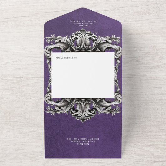 Invitation Tout En Un Gothique violet Moody Victorian Frame QR Code (Dehors)