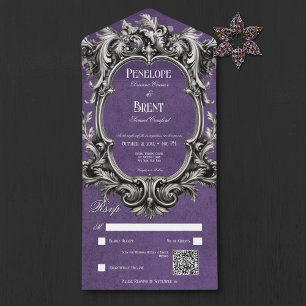 Invitation Tout En Un Gothique violet Moody Victorian Frame QR Code