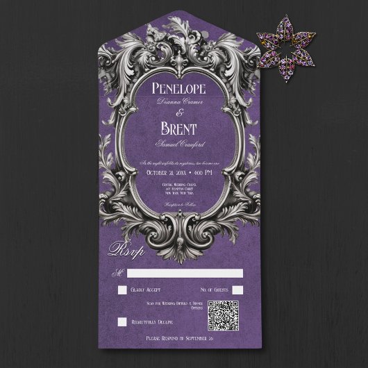 Invitation Tout En Un Gothique violet Moody Victorian Frame QR Code