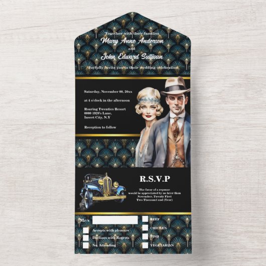 Invitation Tout En Un Grand Gatsby art déco mariage marié des années 192 (À l'intérieur)