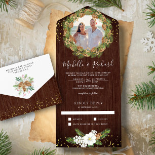 Invitation Tout En Un Grange Rustique Bois Cône de Pin Photo Noël Mariag