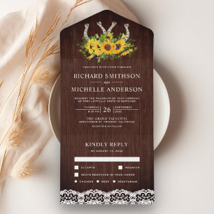 Invitation Tout En Un Grange Rustique Bois Dentelle Soleil Fleurs de Mar