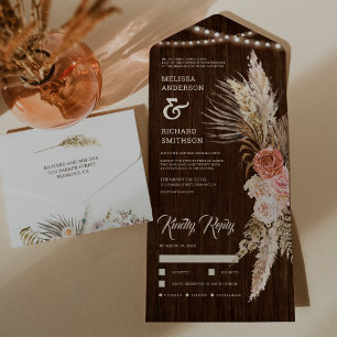 Invitation Tout En Un Grange Rustique Bois Floral Bohème Pampas Mariage