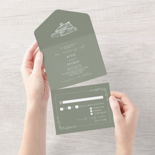 Invitation Tout En Un Grange Rustique Sage Vert Mariage RSVP (Déchirure)