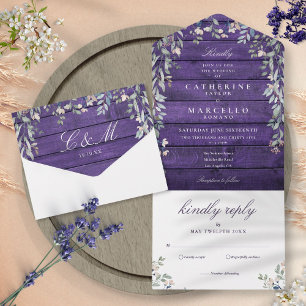 Invitation Tout En Un Grange violette Bois Floral Verdure Cascade Mariag