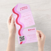 Invitation Tout En Un Gras Retro Waves rose et rouge Code QR Mariage RSV (Déchirure)