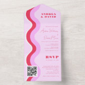 Invitation Tout En Un Gras Retro Waves rose et rouge Code QR Mariage RSV (À l'intérieur)