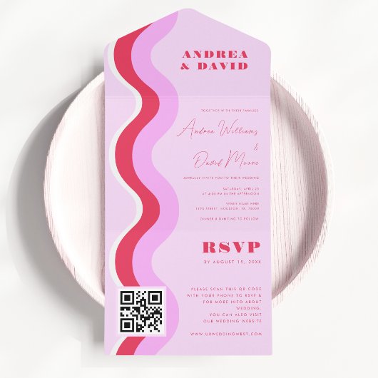 Invitation Tout En Un Gras Retro Waves rose et rouge Code QR Mariage RSV