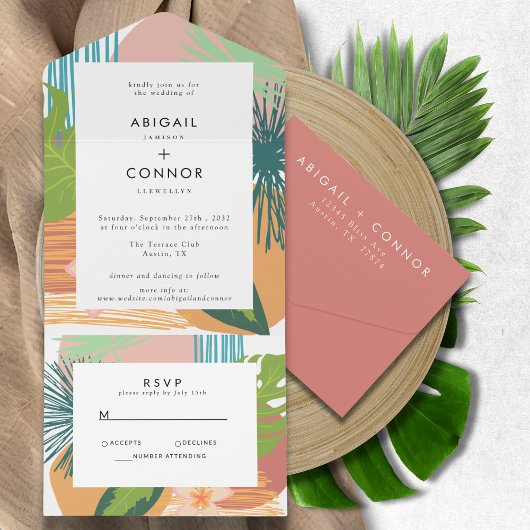 Invitation Tout En Un Gras Tropical Abstrait Coral Mariage Turquoise
