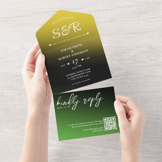 Invitation Tout En Un Green Black & Gold Jamaïque Ombre QR Code Mariage (Déchirure)