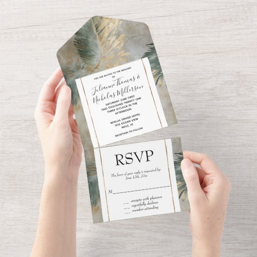 Invitation Tout En Un Green Glam Chic Gold White Feuilles tropicaux (Déchirure)