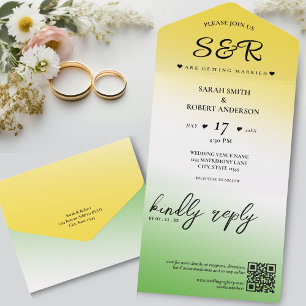 Invitation Tout En Un Green White & Gold Jamaïque Ombre QR Code Mariage