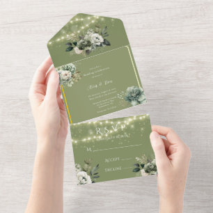 Invitation Tout En Un Green White Peony Lights Mariage
