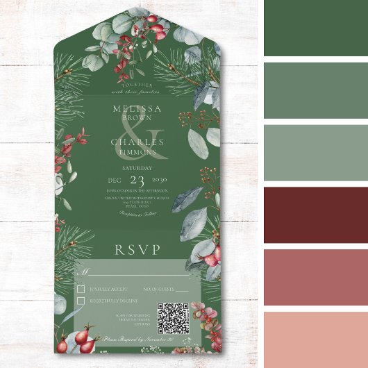 Invitation Tout En Un Green Winter Pine Berries Eucalyptus QR Code