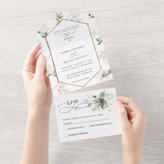 Invitation Tout En Un Greenery and Gold All-In-One (Déchirure)