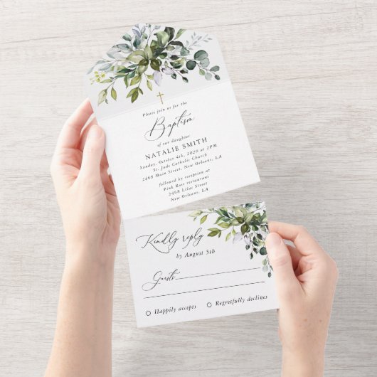 Invitation Tout En Un Greenery, Eucalyptus Leaves, Boho, Baptism (Déchirure)