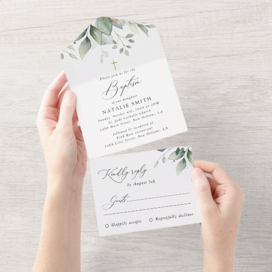 Invitation Tout En Un Greenery, Eucalyptus Leaves, Boho, Baptism (Déchirure)