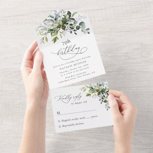 Invitation Tout En Un Greenery, Eucalyptus Leaves, Boho, Birthday (Déchirure)