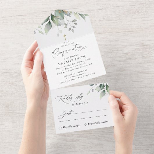 Invitation Tout En Un Greenery, Eucalyptus Leaves, Boho, Confirmation (Déchirure)