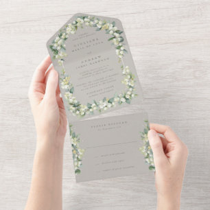 Invitation Tout En Un Greige Snowberry+Eucalyptus Réception de mariage u