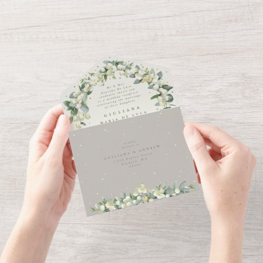 Invitation Tout En Un Greige Snowberry+Eucalyptus Réception de mariage u (Ouverture)