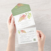 Invitation Tout En Un Grevillea aquarelle mariage RSVP détail vert QR (Déchirure)