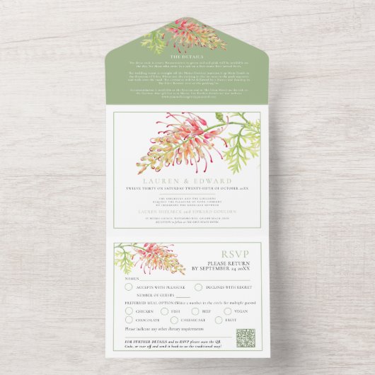 Invitation Tout En Un Grevillea aquarelle mariage RSVP détail vert QR (À l'intérieur)