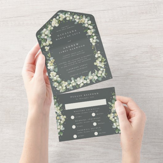 Invitation Tout En Un Grey Green Snowberry + Eucalyptus Mariage (Déchirure)